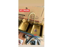 Chậu rửa chén bát Inox Mạ Vàng 1 ngăn lớn vòi thác thông minh 75-45