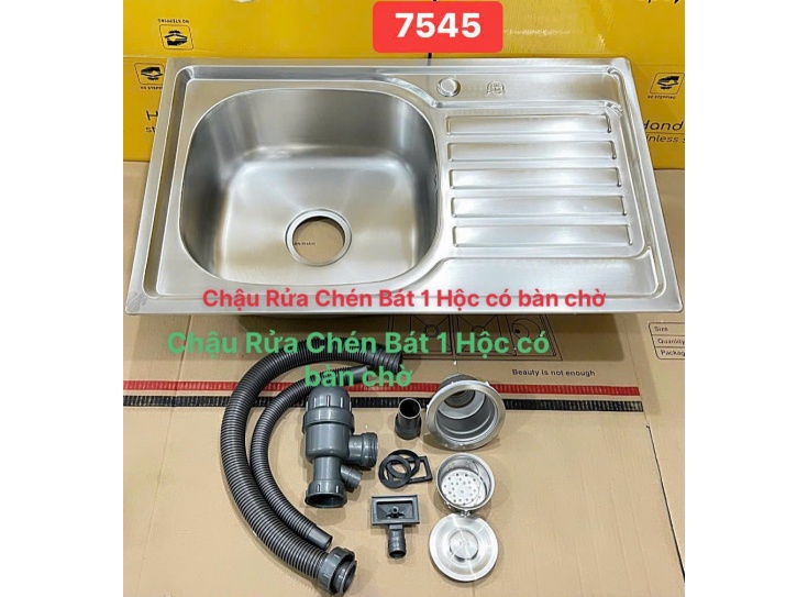 Chậu rửa chén bát Inox 304, 1 hộc nhỏ có bàn chờ KT 7545 giá rẻ 