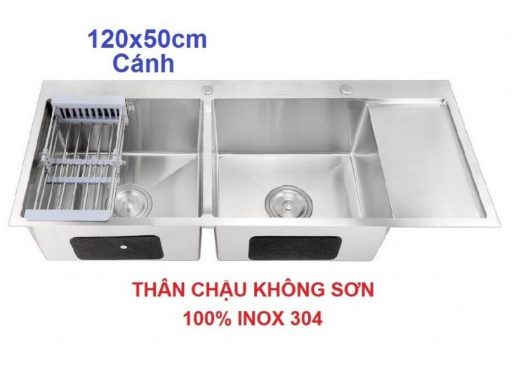 ( KT 120-50cm ) Chậu rửa chén bát 2 ngăn lớn có bàn chờ Không Sơn Inox SUS 304 cao cấp Tphcm