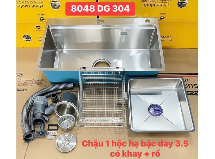 Bồn rửa chén 1 ngăn lớn cao cấp 80cm ( 80-46DG ) có khay rửa Inox ( Chậu Phụ )