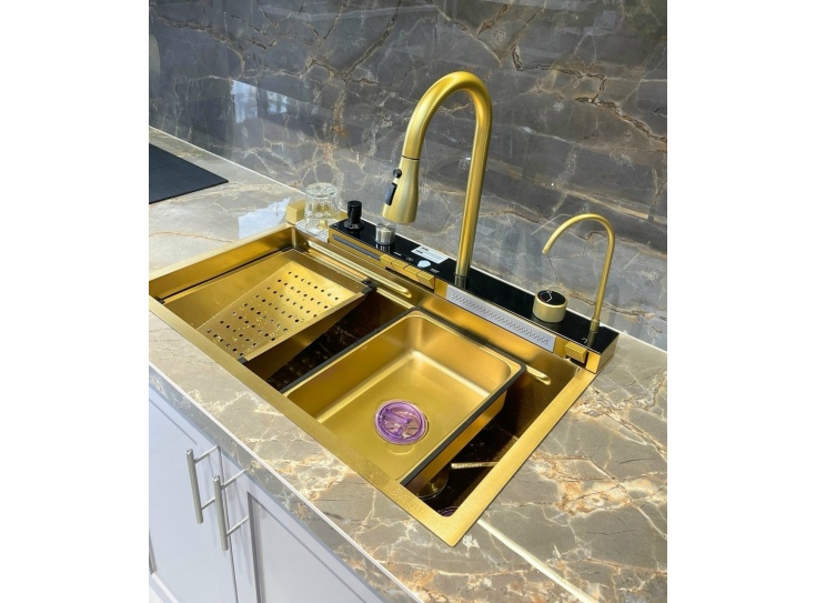 Bồn rửa chén bát Inox SUS 304,1 ngăn lớn vòi thác nước Thông Minh DK4 Gold 75-46cm