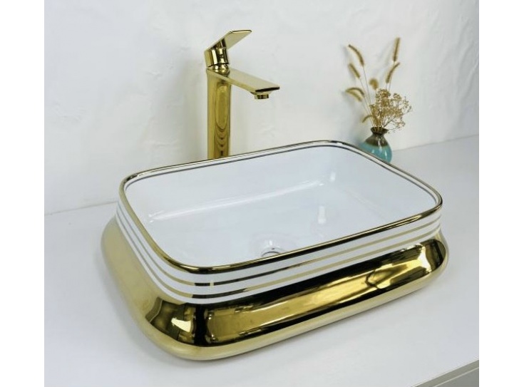 Chậu rửa Lavabo đặt bàn hoa văn mạ vàng