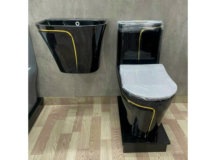 Combo Bồn Cầu Lavabo cao cấp Đen chỉ Vàng