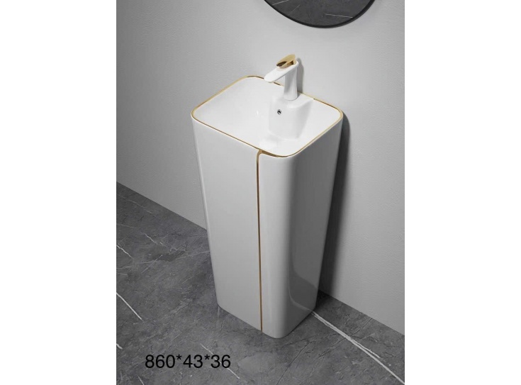 Lavabo Trụ Đứng Đặt Sàn Liền Khối Trắng Viền Vàng